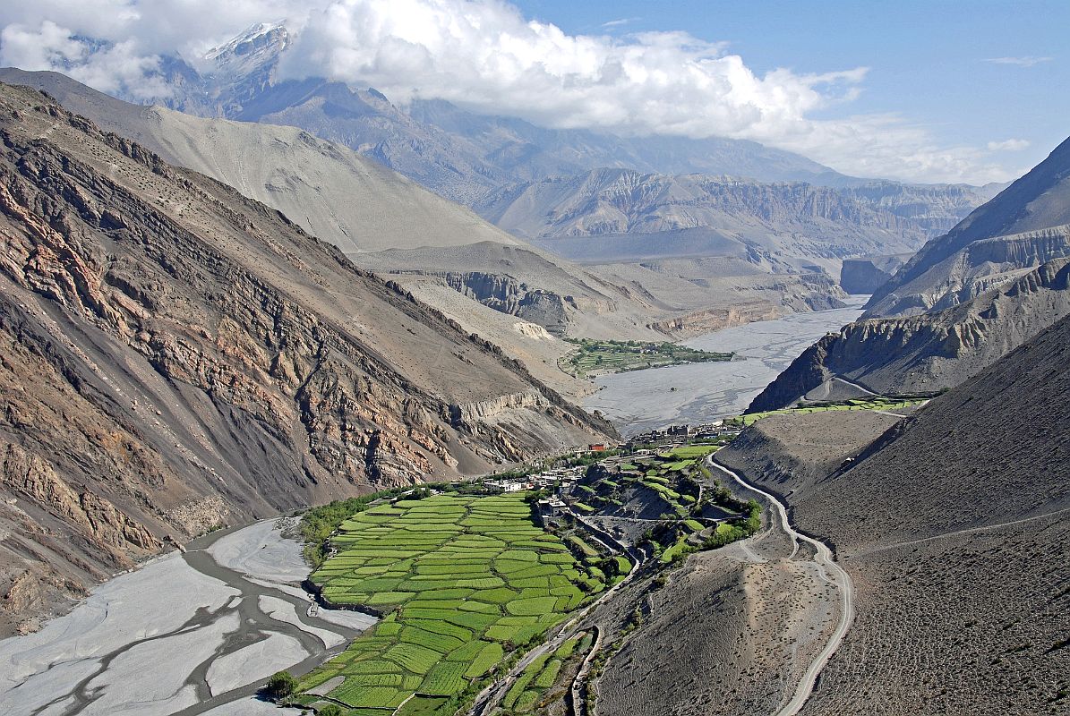 107 Kagbeni With Upper Mustang Beyond Kagbeni (2840m) is a green oasis at the junction of the Jhong Khola and the Kali Gandaki valleys, with Upper Mustang to the north. It is an ancient town that has been involved in the salt trade for thousands of years.